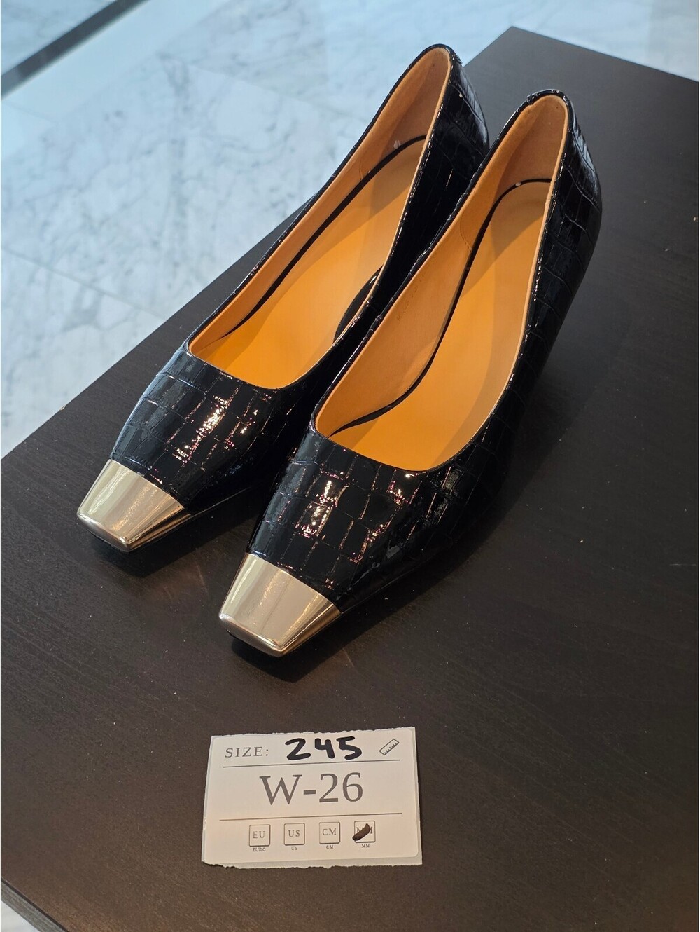 Women's Black Croc-Embossed Heels with Silver Cap Toe